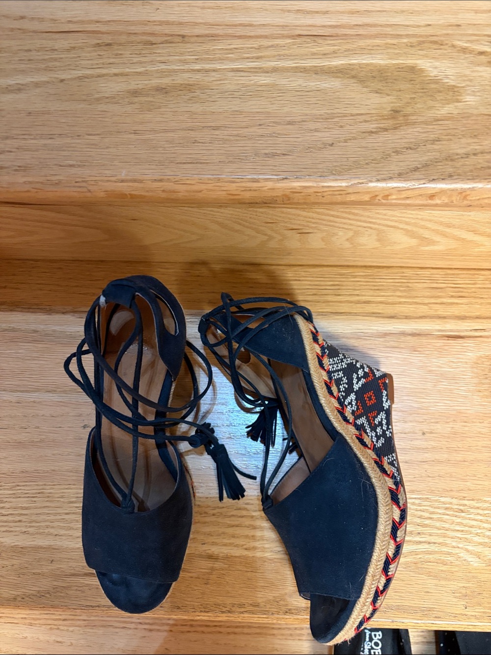 CAbi Navy Suede Espadrille Wedges with Patterned Braided Trim